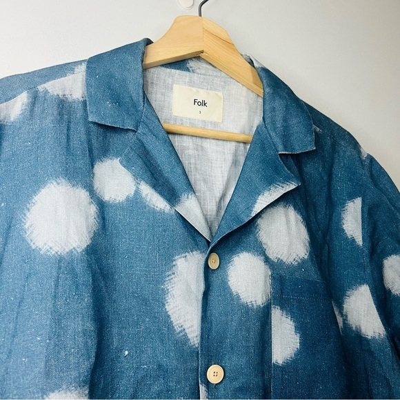Folk Indigo Dot Soft Collar Linen Short Sleeve Button Up 3 Medium - Picture 6 of 8